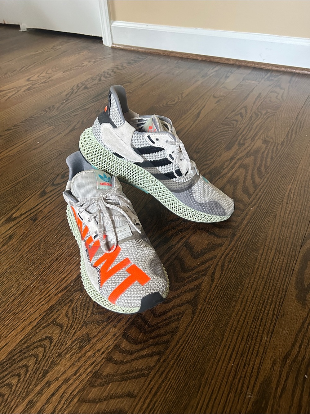 adidas Grey Knit Sneakers with Neon Orange Graphic and Mint 4D Sole